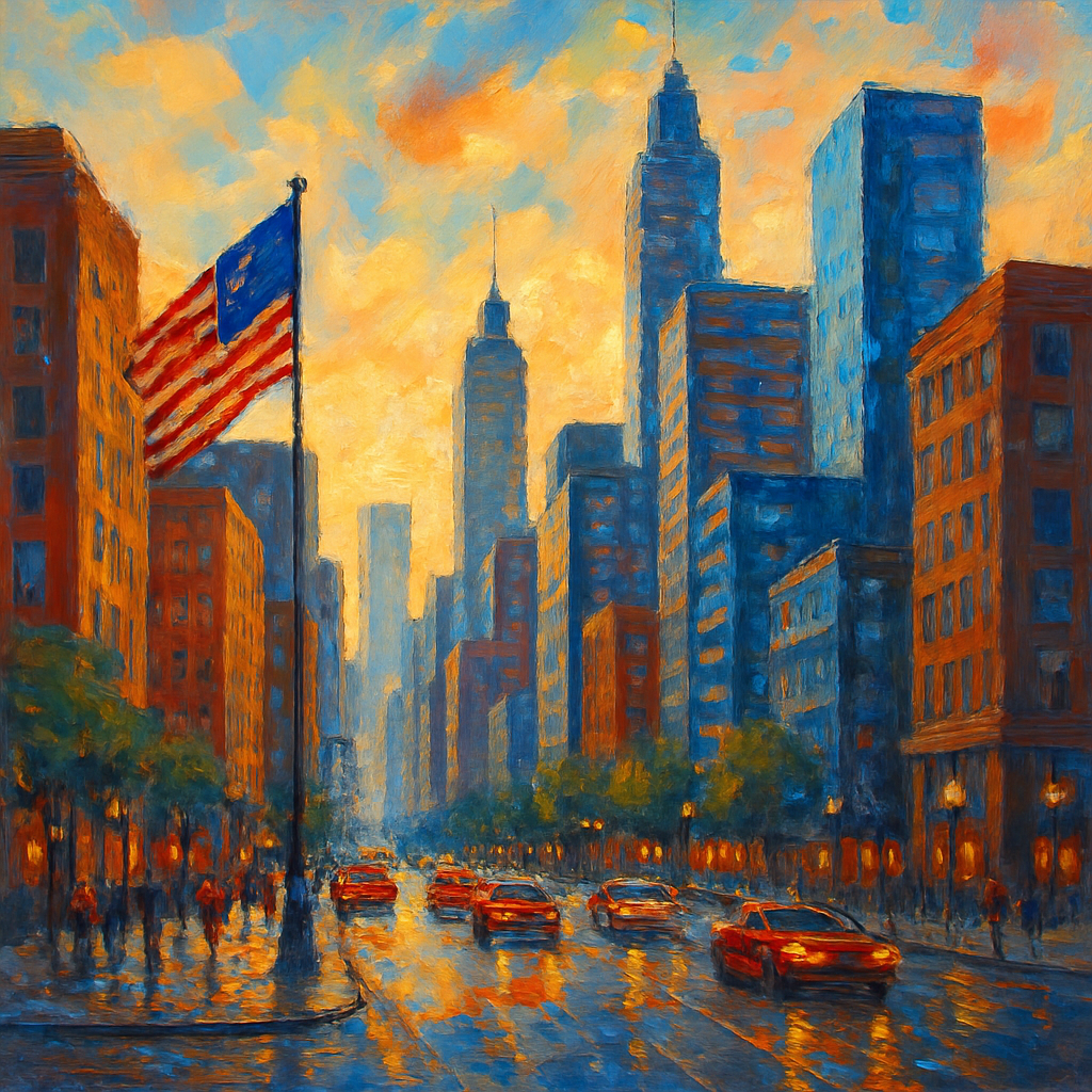 Illustration of an American city street with skyscrapers, yellow cabs and a U.S. flag in rainy light