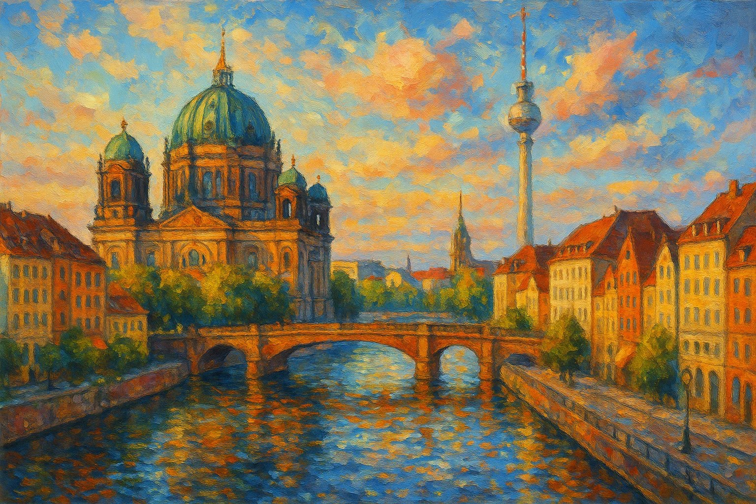 Illustration of Berlin skyline at dusk, including the Berlin Cathedral and TV Tower by a river