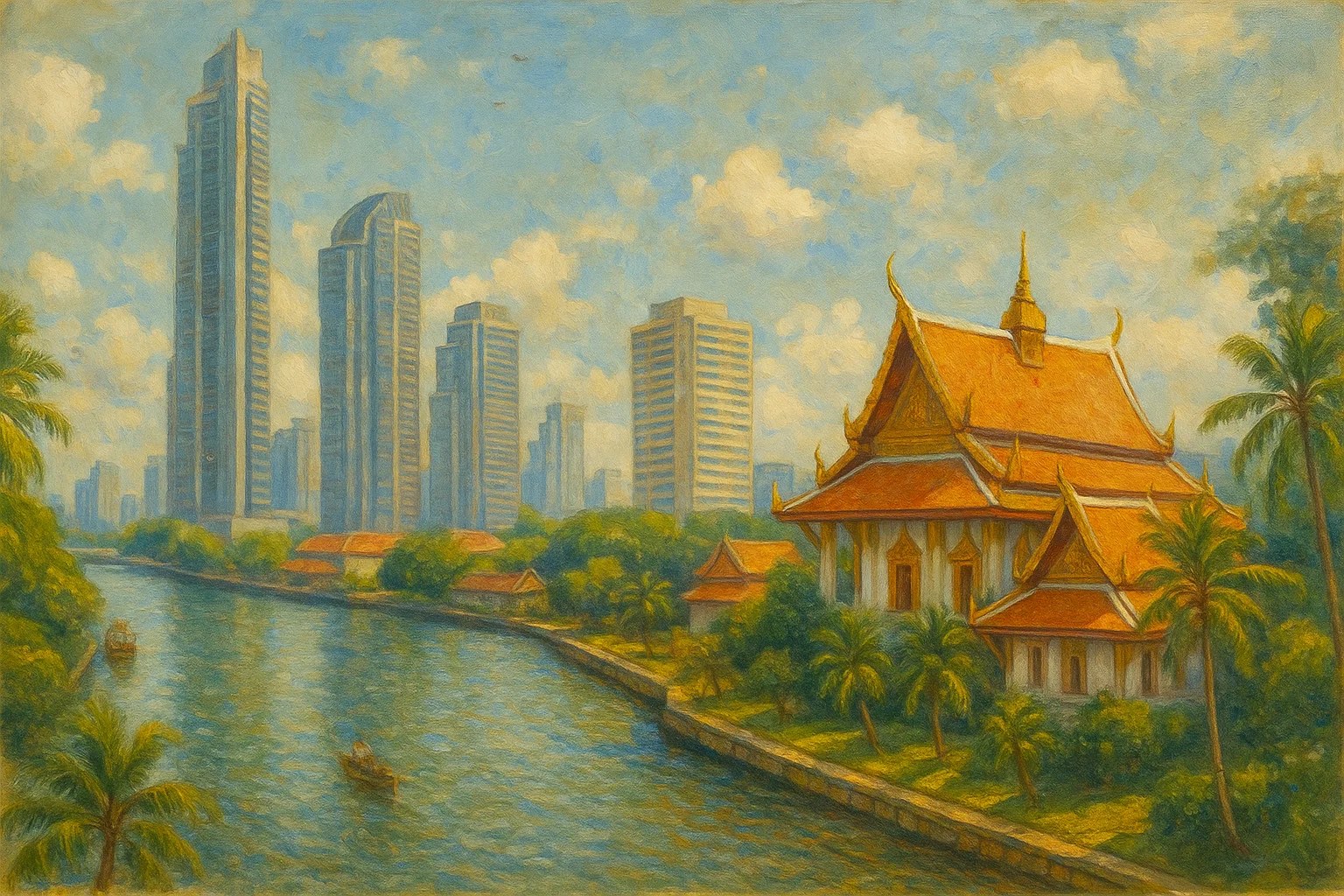 Colorful painting of a Thailand riverside scene with a temple and modern skyscrapers in the background