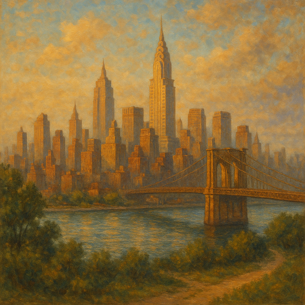 llustration of New York City skyline at sunset, featuring the Chrysler Building and a bridge