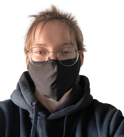 Portrait of a sassy lesbian smiling woman with glasses wearing a black face mask